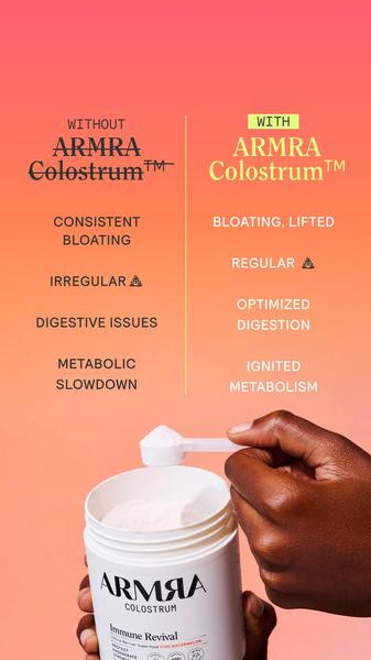 This ad creative uses a clear split-screen comparison table to highlight the specific digestive and metabolic benefits of using colostrum powder.